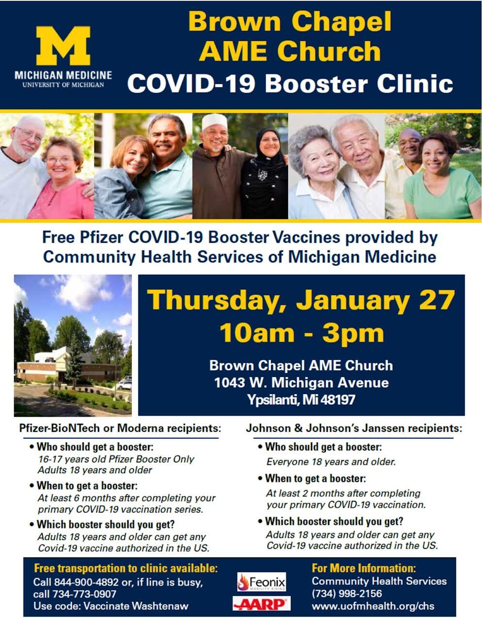 Brown Chapel AME Church will be hosting a COVID-19 Booster Clinic Thursday, Jan. 27, 10 am - 3pm. Please see the flyer for additional information.