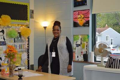 Carla Whitsett in her classroom, surrounded by student art, on Thursday November 4th, after receiving a statewide award recognizing her work for YCS.