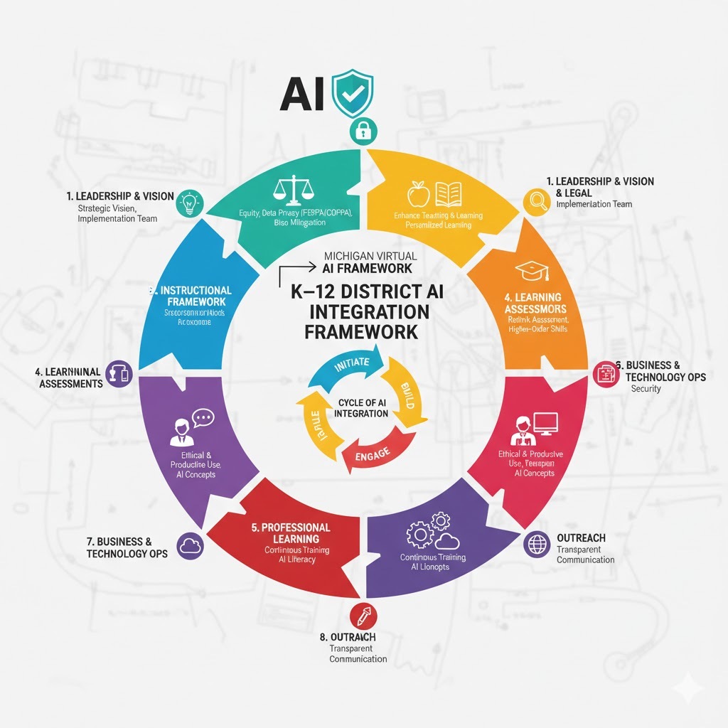 Purpose & Overview This framework provides a clear roadmap for integrating Artificial Intelligence (AI) across a K–12 district. It aligns with the Michigan Virtual AI Framework and helps leaders move from exploration to full implementation while maintaining ethical, equitable, and transparent practices.