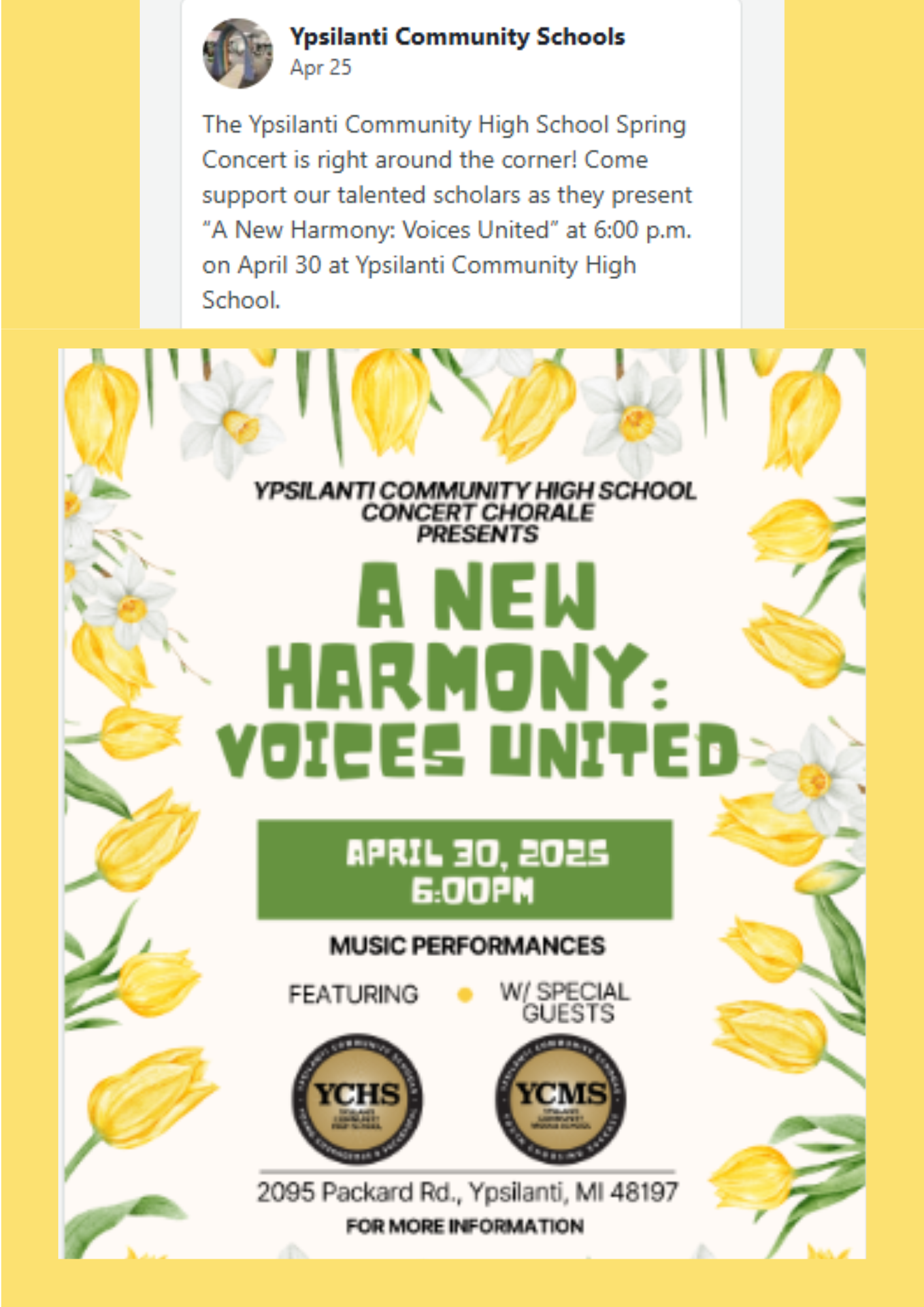 Our Ypsilanti Community High School Choir Concert with special guests Ypsilanti Community Middle School is April 30, 2025.